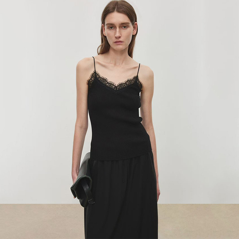 Joc French-Style Eyelash Lace and Knit Thin Strap Biella Washable 120S Ultra-Fine Wool Slimming Vest