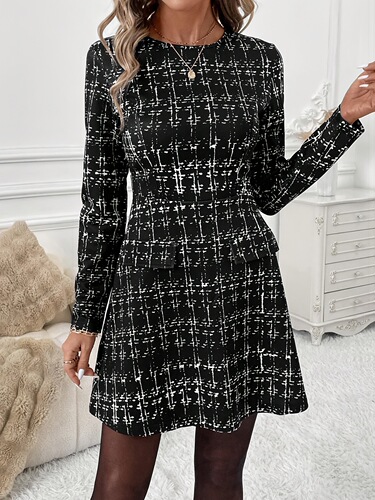 2024 Amazon AliExpress New Cross-Border Autumn/Winter Plaid Mini Long-Sleeve Women’s Dress—All-Match for Europe and the U.S.