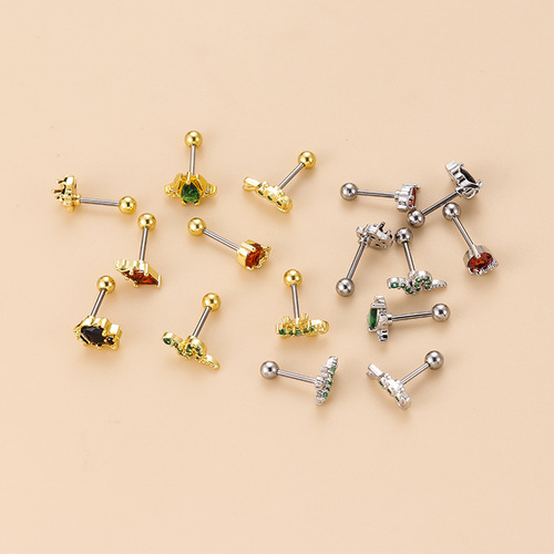 Stainless steel fine rod colorful zirconium gecko snake-shaped mini animal ear bone earring for Western and foreign trade piercing earrings, single piece