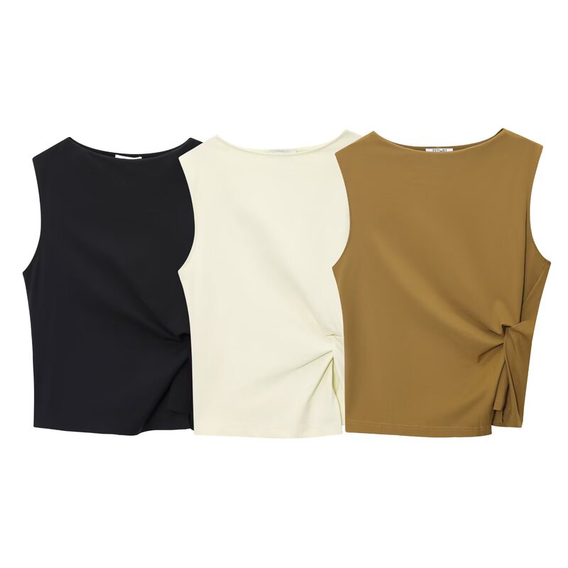 Foreign Trade Women's Clothing 2026 Summer European and American Style Fashionable Versatile Casual Boat Neck Pleated Textured Tank Top T-Shirt for Women H1524 Foreign Trade Women's Clothing 2026 Summer European and American Style Fashionable Versatile Casual Boat Neck Pleated Textured Tank Top T-Shirt for Women H1524