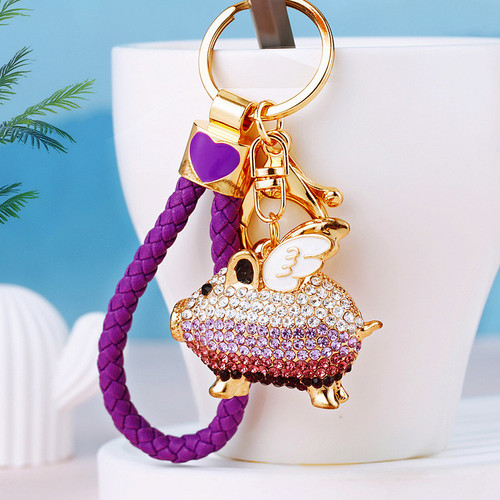 Rhinestone gradient piggy car keychain female cute bag pendant metal key chain ring creative business gift