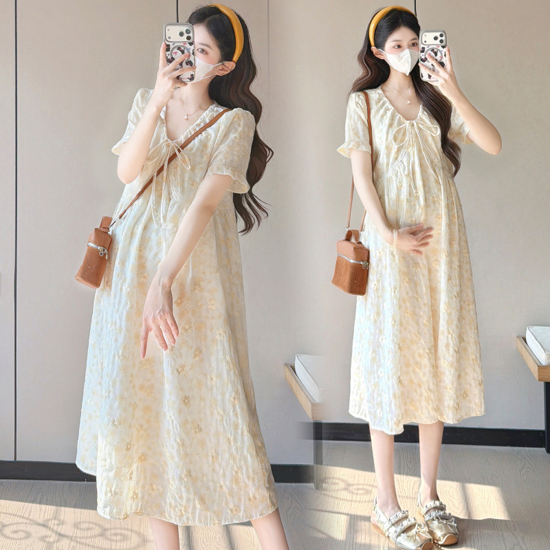 Maternity Dress Summer Jacquard Embroidery Stylish Age-Reducing Loose Floral Over-The-Knee Trendy Mom Dress Summer Thin Dress Maternity Dress Summer Jacquard Embroidery Stylish Age-Reducing Loose Floral Over-The-Knee Trendy Mom Dress Summer Thin Dress