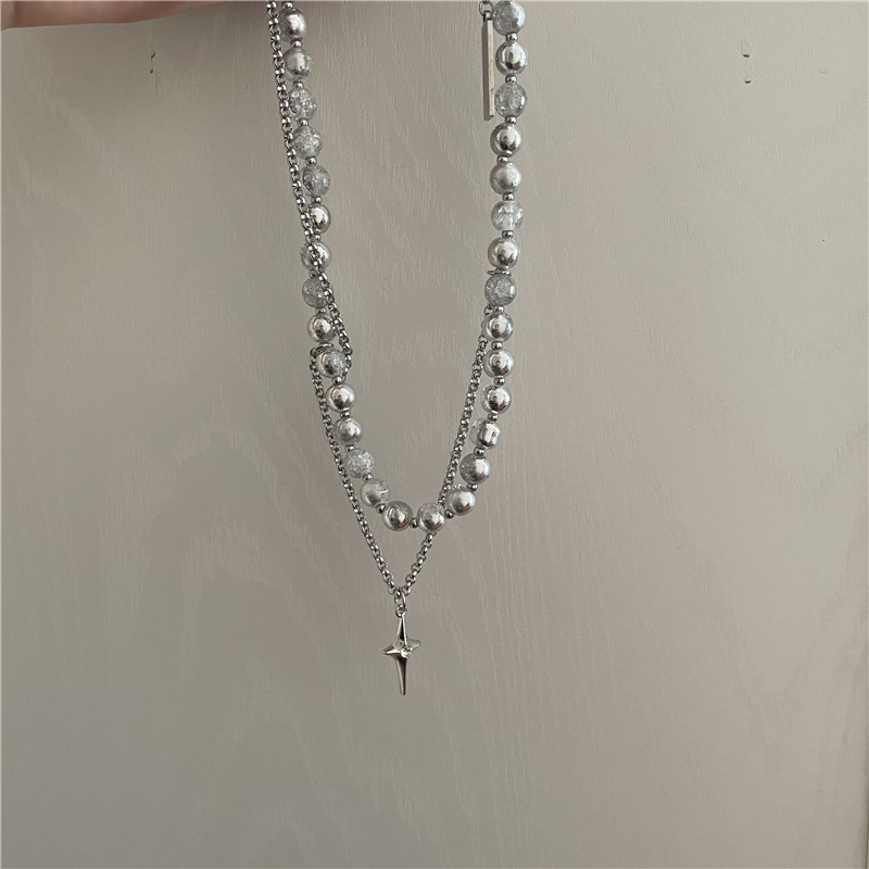 Double Layered Stainless Steel Necklace Niche Cross Round Bead Cold Wind Y2k Male And Female Clavicle Chain display picture 8