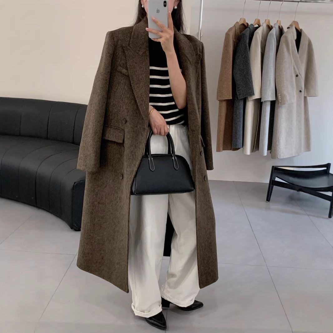 新型ゆったり型両面ウールコート レディース ダブルブレスト フォーマル グレー ヘリンボーン柄 カシミヤブレザー 通勤用