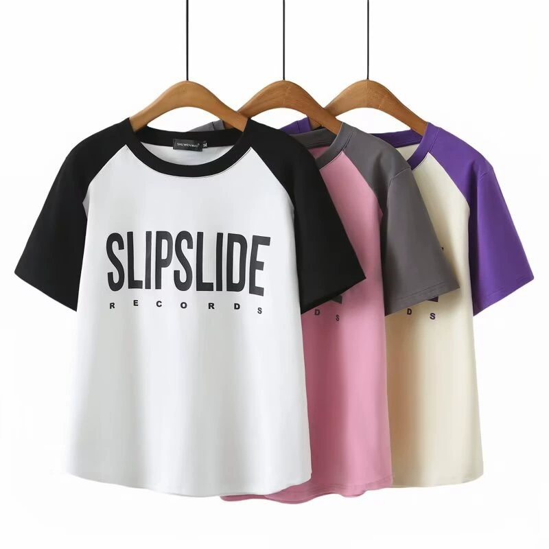 Новая летняя женская футболка большого размера контрастного цвета с короткими рукавами, чтобы выглядеть стройной и носить толстые топы мм, чтобы закрыть тело, футболка на правое плечо 2516