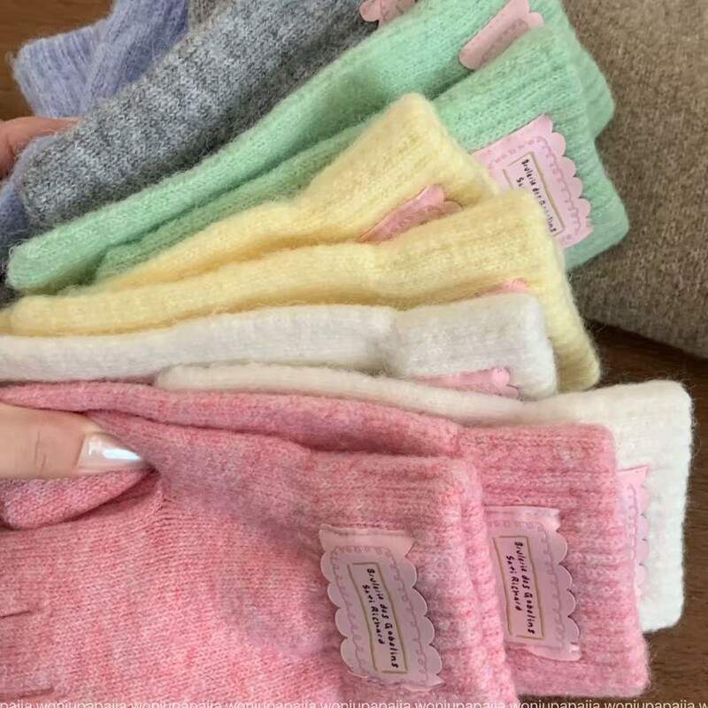 ins纯色针织毛线手套女秋冬季骑行防寒学生骑车触屏漏指保暖手套|undefined