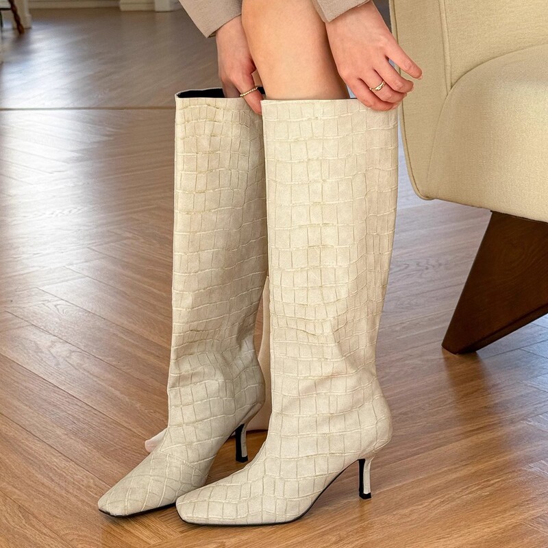 Ready in Stock and Shipped in Seconds~ so Beautiful! High-End Rock Gray Texture Boots for Women Autum Stiletto High Heel Boots for Women