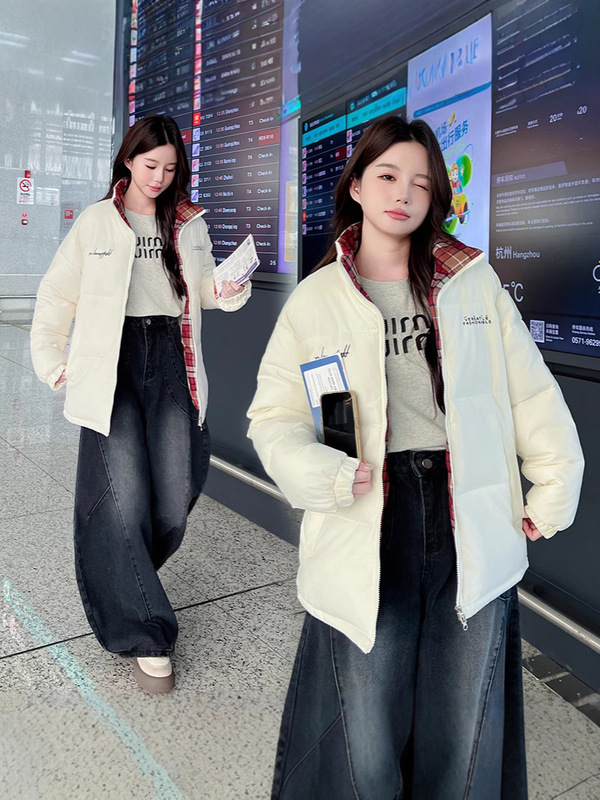 2025冬季新款立领拼接条纹棉衣棉服韩版宽松洋气简约棉袄女士外套|undefined