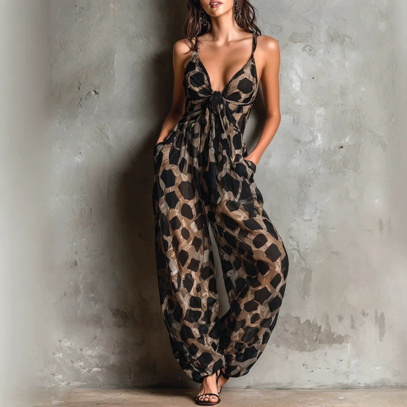Retro Leopard Print Deep V Twist Strap Jumpsuit, Loose and Flowy Wide-Leg Slimming Vacation Style Long Jumpsuit Retro Leopard Print Deep V Twist Strap Jumpsuit, Loose and Flowy Wide-Leg Slimming Vacation Style Long Jumpsuit