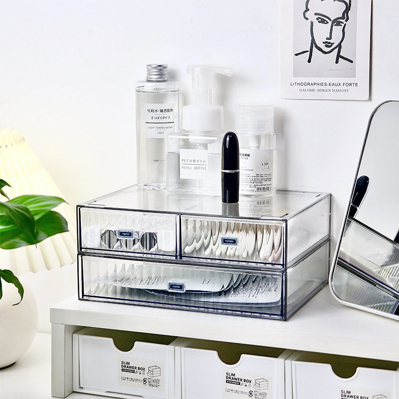 Caja de almacenamiento de escritorio rayada transparente de aspecto alto de múltiples capas de montaje-Cuenta de mano libre artículos diversos de gran capacidad de acabado