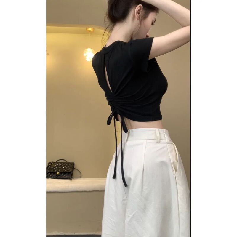 Niche Design Sense Unique Slim-fit High Waist Short-sleeved T-shirt Pure Desire Hot Girls Back Hollow Drawstring Ins Top for Women