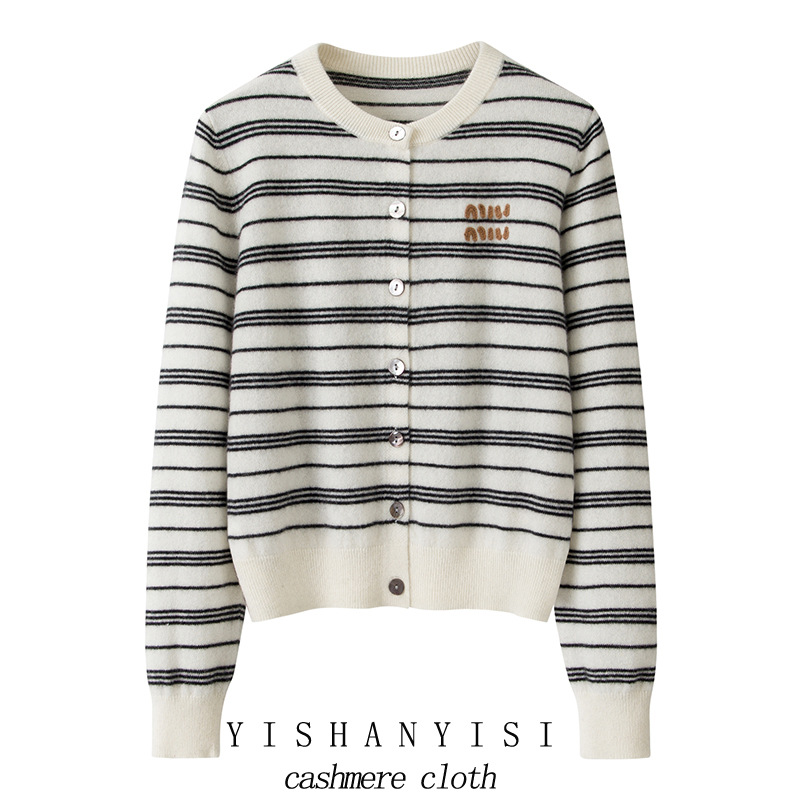 内蒙古230克秋冬新款100纯山羊绒女开衫休闲条纹外套外搭时尚毛衣