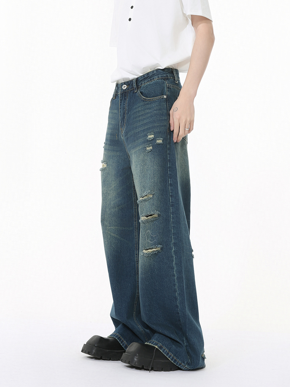 MTLCLOTHES Hombres| Nuevo estilo coreano High Street Cleanfit blanco pulido hace viejos agujeros de piernas anchas jeans de moda