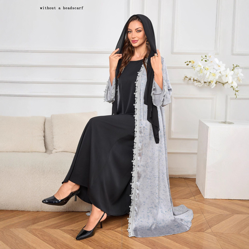 Elegant and Fashionable Rhinestone-Embellished Long-Sleeved Cardigan Lace Robe Without Headscarf Abaya Robe