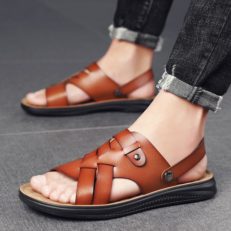 Dép sandal nam quai ngang hở ngón đế mềm thoáng khí chống trơn trượt cỡ lớn — Nâu Đen, vàng nâu
