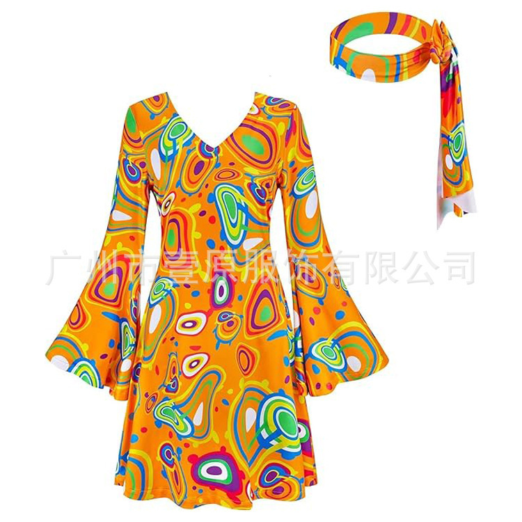 2025 Halloween Cosplay Costume 70S Hippie Clothing Disco Dress Headscarf Two-Piece Set for Women