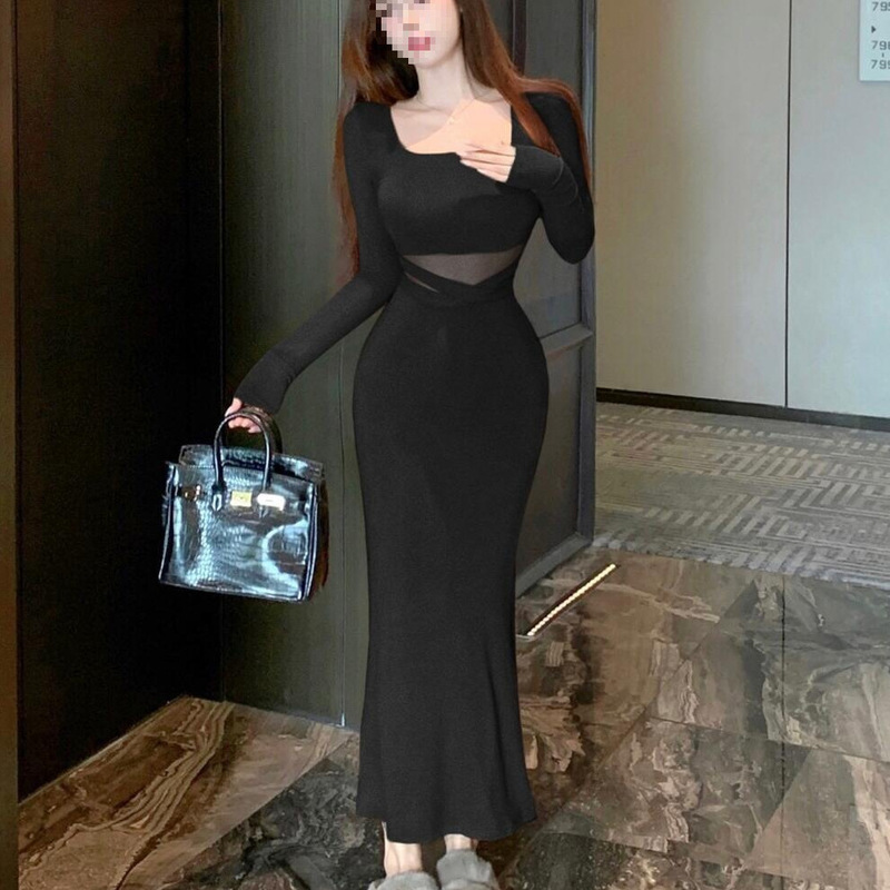 Spring and Autumn Sweet and Spicy Style Super Beautiful Mesh Spliced ​​Square Neck Dress Women's Solid Color Waist Beautiful Date Fishtail Long Dress