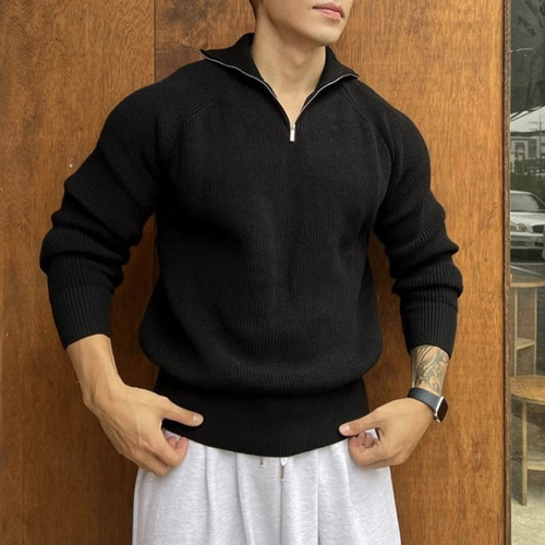 Men's High-Neck Zipper Knit Shirt, American Retro Loose Drop Shoulder Long Sleeve Top, Leisure Style Hooded Sweater Coat
