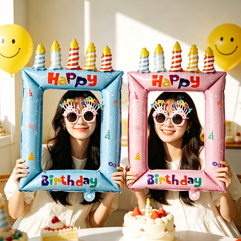 Ins Korean Internet Celebrity Photo Frame Printed Balloons Happy Birthday Photo Props Baby Party Aluminum Foil Decoration