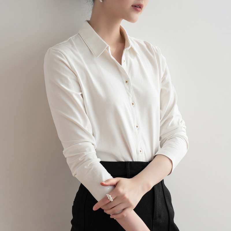 Plaid Stretch Cotton Long-Sleeved Shirt for Women, Niche Fashion, Loose Korean Style Shirt, Polo Collar Cardigan for Women