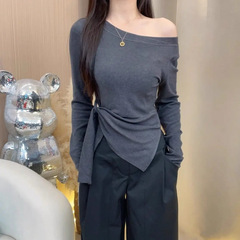 大码胖mm韩系条纹不规则开叉斜肩长袖T恤女装早秋收腰设计感上衣