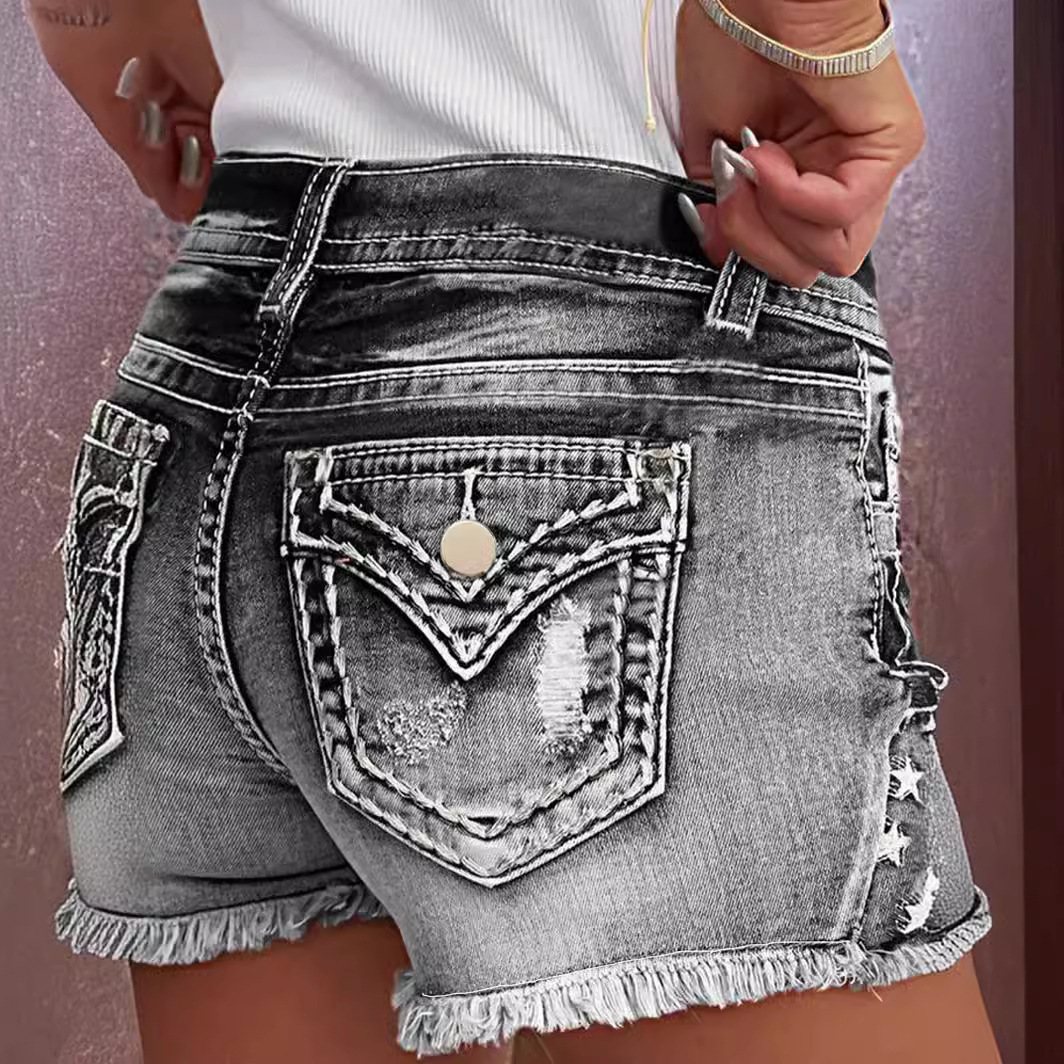 Women's European And American Fashion Ins Hot Style Elastic Patch Embroidered Ripped Denim Shorts_ecoleips.com