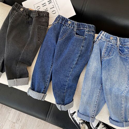 Men's Children's Spring and Autumn Winter Elastic Casual Jeans for Boys, Warm and Loose Long Pants