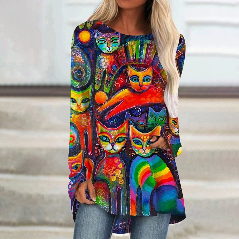 Женское платье с круглым вырезом и длинным рукавом AliExpress Amazon на весну и осень с 3D цифровым принтом и мяукающимся узором