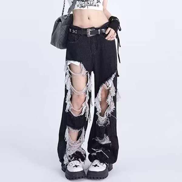 Straight Black Ripped Jeans Women's Summer Spice Girl Style High Street Design Sense Two-Sided Frayed Rouge Pants Straight Black Ripped Jeans Women's Summer Spice Girl Style High Street Design Sense Two-Sided Frayed Rouge Pants