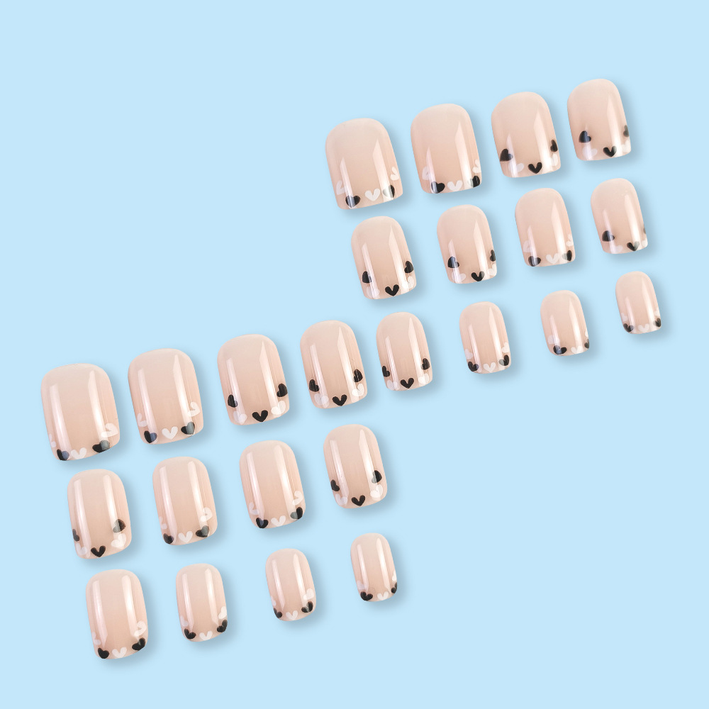 Ventas transfronterizas de polvo desnudo en blanco y negro, cuidado de uñas, dulce y simple, 24 piezas de uñas cortas falsas, parches de uñas falsas