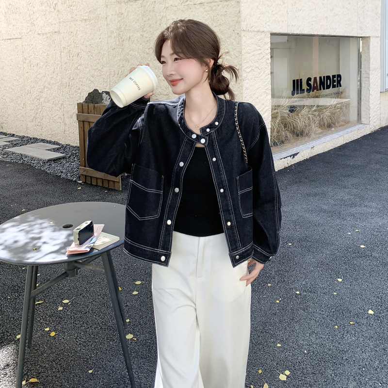 实拍复古深蓝色明线装饰牛仔外套2025秋款百搭休闲小个子休闲夹克|undefined