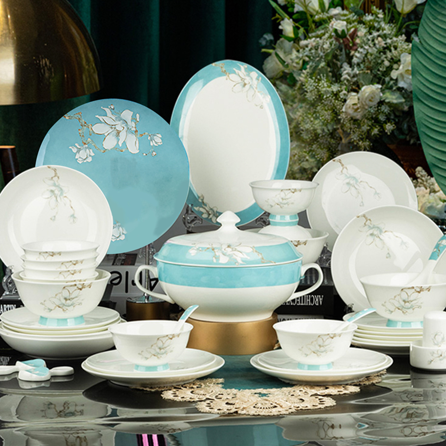 Jingdezhen Bone China Tableware Set 2025 New Underglaze Color Tableware Bowl and Dish Set Home Housewarming Tableware Wholesale