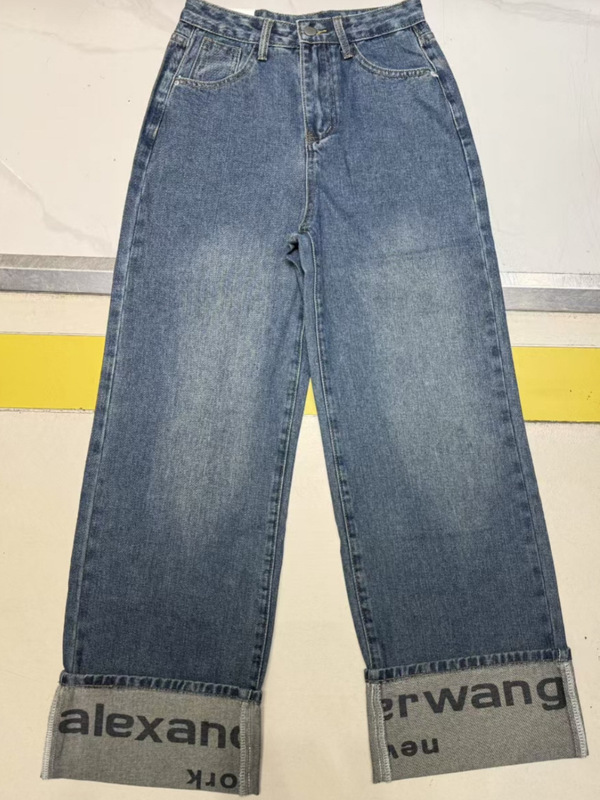 大王复古蓝字母刺绣牛仔裤女春秋新款高腰遮跨直筒休闲百搭阔腿裤|undefined
