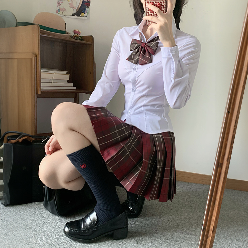 (2개) 일본 대학 스타일 JK 유니폼 화이트 셔츠 긴팔 허리 셔츠 슬림 핏 원피스 올 매치 세트 여름 스위트