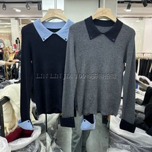 欧洲站2025冬季新款欧货女装套头翻领拼色修身显瘦细羊毛打底毛衣