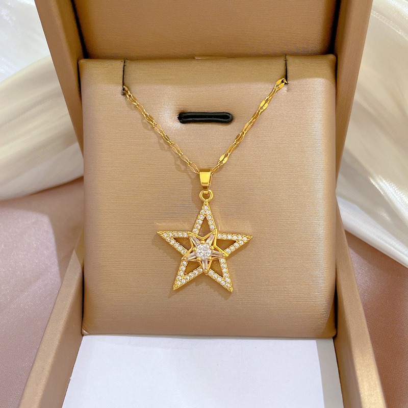 Collar de oro auténtico con pentagrama de diamantes incrustados, estilo industrial pesado, para mujer, con cadena para clavícula, estilo celebridad de internet._voghion.com