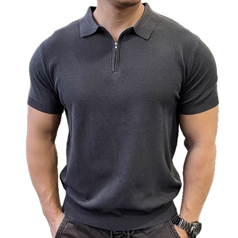 Camisa POLO, solapa, suéter de manga corta, media cremallera para hombre, fitness, músculo, delgado, tendencia empresarial, comercio exterior transfronterizo al por mayor
