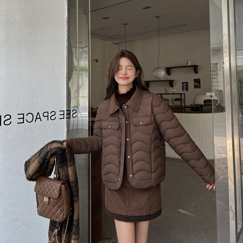 2024年新品翻领压纹羽绒棉服女短款时尚减龄小香风轻薄棉衣女棉袄|undefined