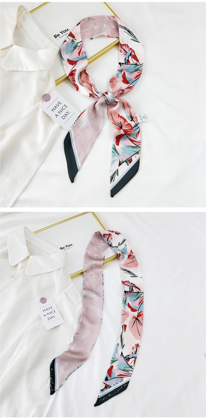 30g Weight Silk Scarf Classification Travel Occasion Unisex Gender Sweet Style White, Red, Green, Blue, Gold Color New Long Korean Style Fashion Printing Silk Scarf 12