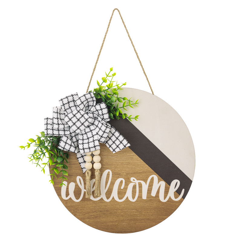 Cross-Border Hot Product Welcome Garden Decorations Wooden Beads Tassel Eucalyptus Aquatic Plants Round Plate Garland Door Hangings