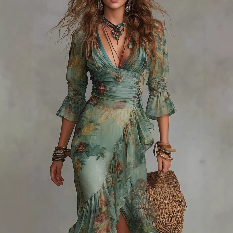2026 Summer European and American Style Printed V-Neck Long Dress, Vacation Style, Flowy Irregular Floral Dress
