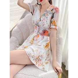 夏天海边度假沙滩法式高腰阔腿短裤连体衣女碎花雪纺连体裤小个子