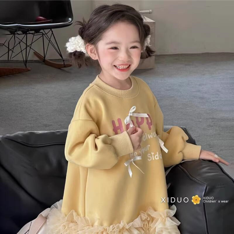 Vestido de niñas otoño y invierno letras extranjeras impresión arco y camisa de lana vestido de malla para niños