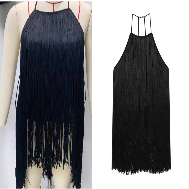 Foreign Trade European and American Hot Girl Style Sexy Fashion Backless Design Velvet Tassel Halter Neck Camisole Top Trendy Foreign Trade European and American Hot Girl Style Sexy Fashion Backless Design Velvet Tassel Halter Neck Camisole Top Trendy