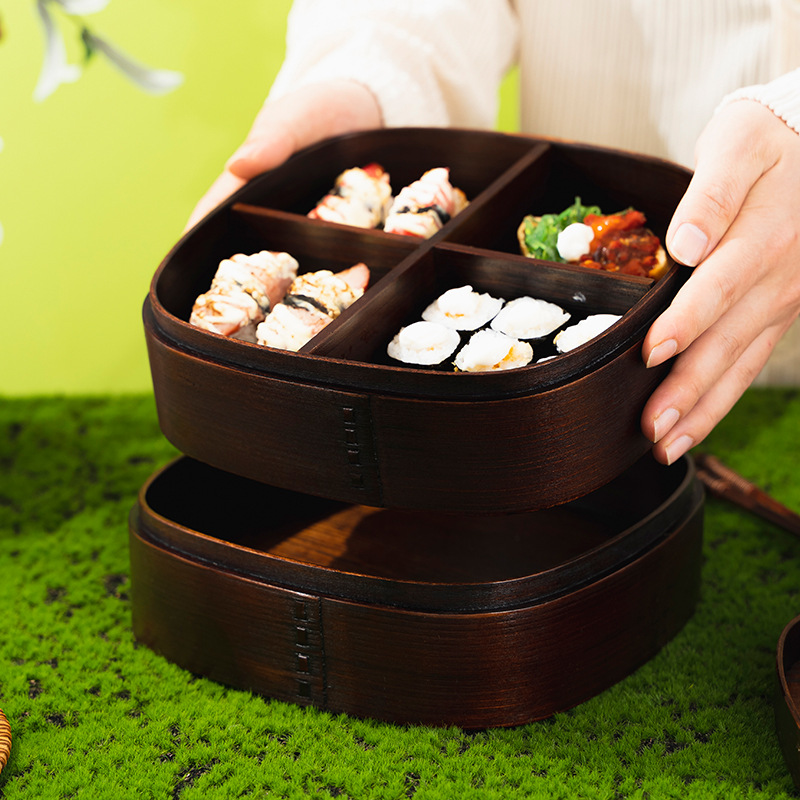 Quliumu caja de sushi japonesa retro de lujo ligero con caja de bento de rejilla cruzada de doble capa al por mayor