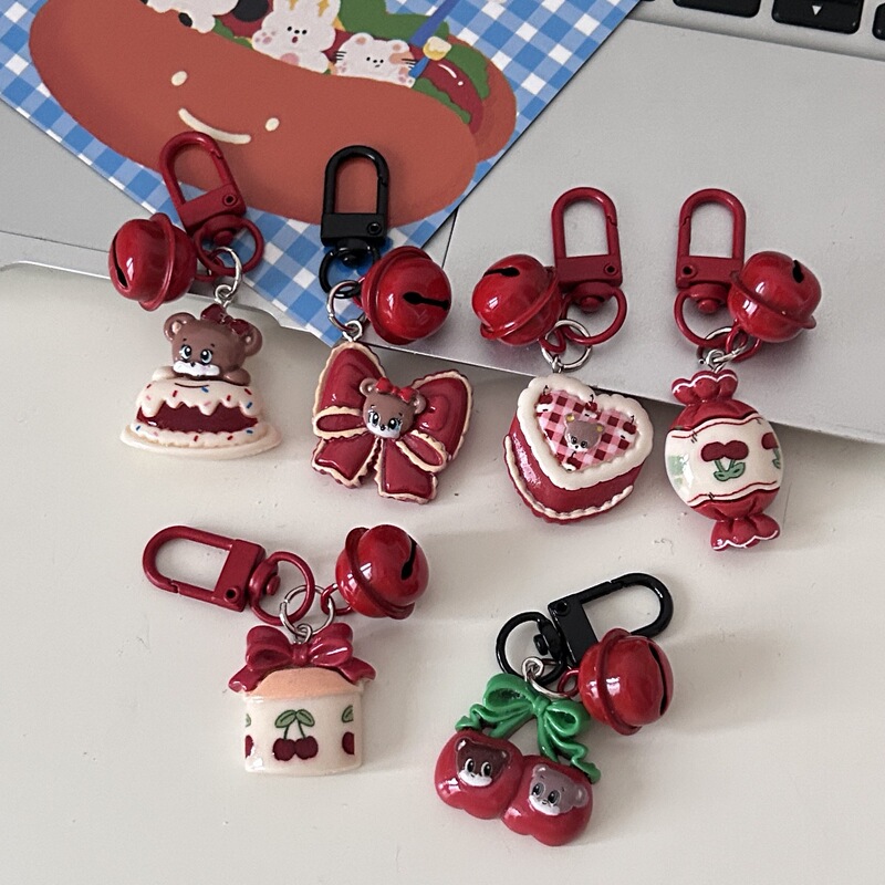 Vintage Berry Red Cartoon Keychain Cute Bear Cake Cherry Bell Pendant Couple Girlfriend Soft Cute Accessories