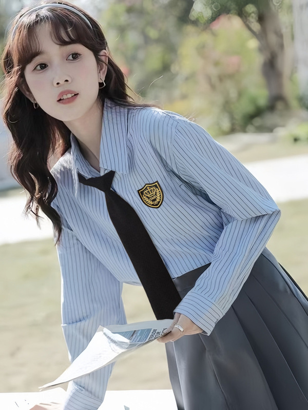 韩系jk制服蓝色条纹衬衫女学生外穿长袖上衣设计感小众百褶裙套装|undefined