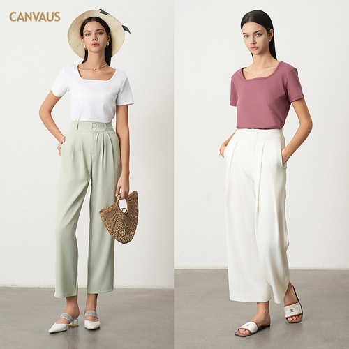 CANVAUS Korean version short-sleeved square collar shoulder T-shirt for women new simple casual basic solid color versatile top summer