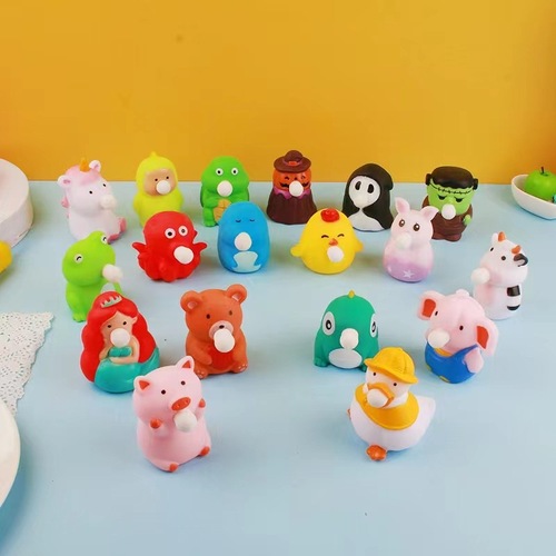 The new duck spits bubbles and is a hot seller. The same style of rubber is used to squeeze and relieve stress.