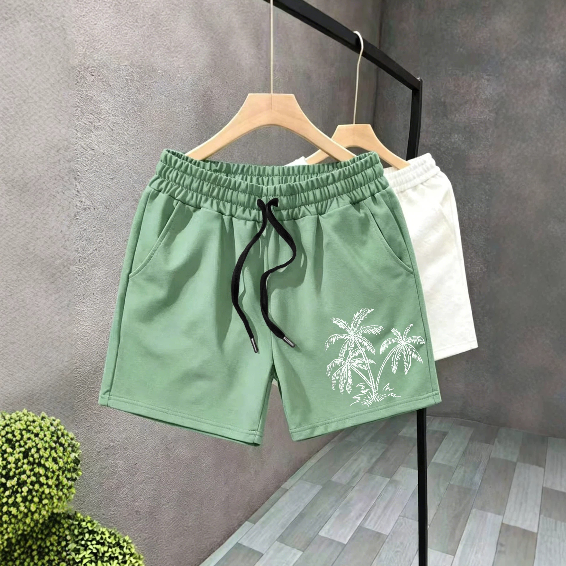 New Summer Style Coconut Tree Print Men's Three Quarter Swim Trunks, Quick Drying Beach Sports Shorts, Casual Sports Shorts_voghion.com